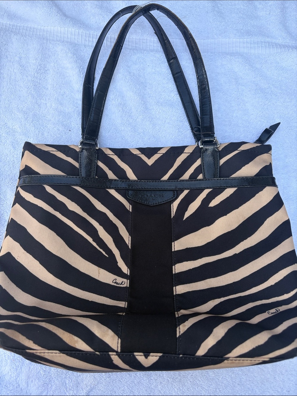 Coach Zebra-Print Canvas Tote in Black and Tan